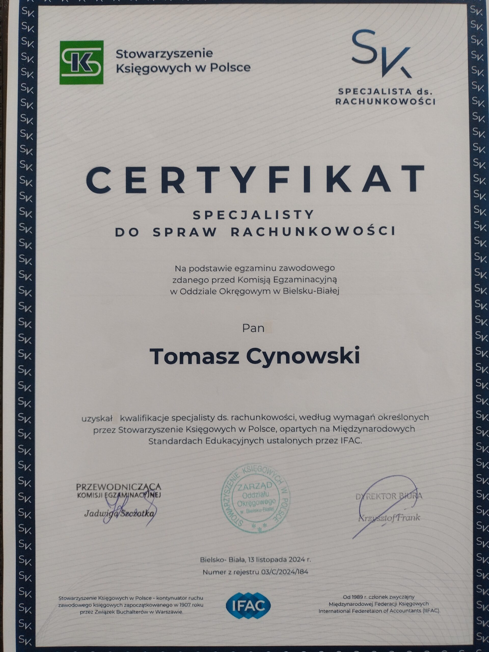 Certyfikat Specjalisty do spraw Rachunkowości