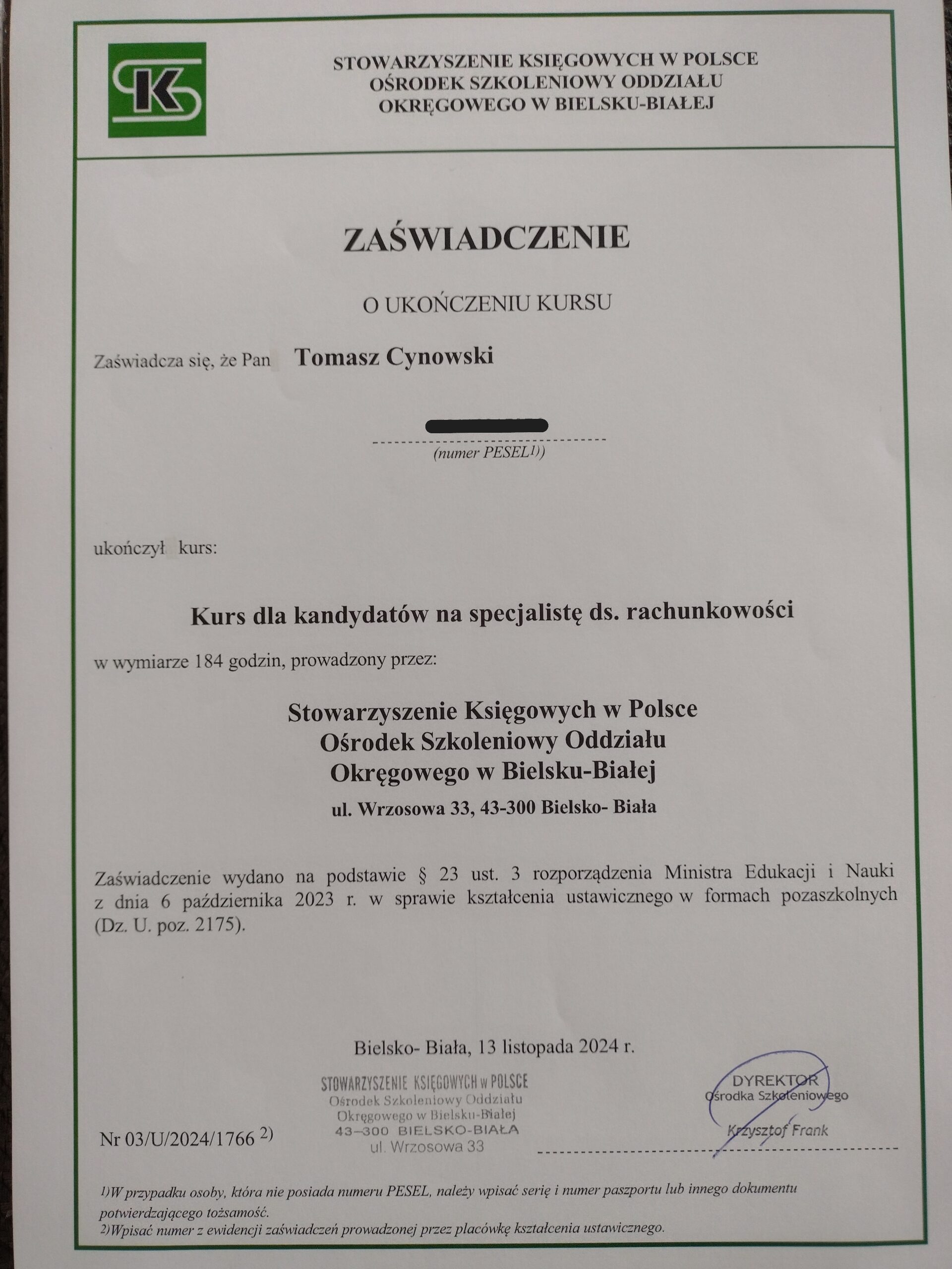 Zaświadczenie o ukończeniu kursu księgowości