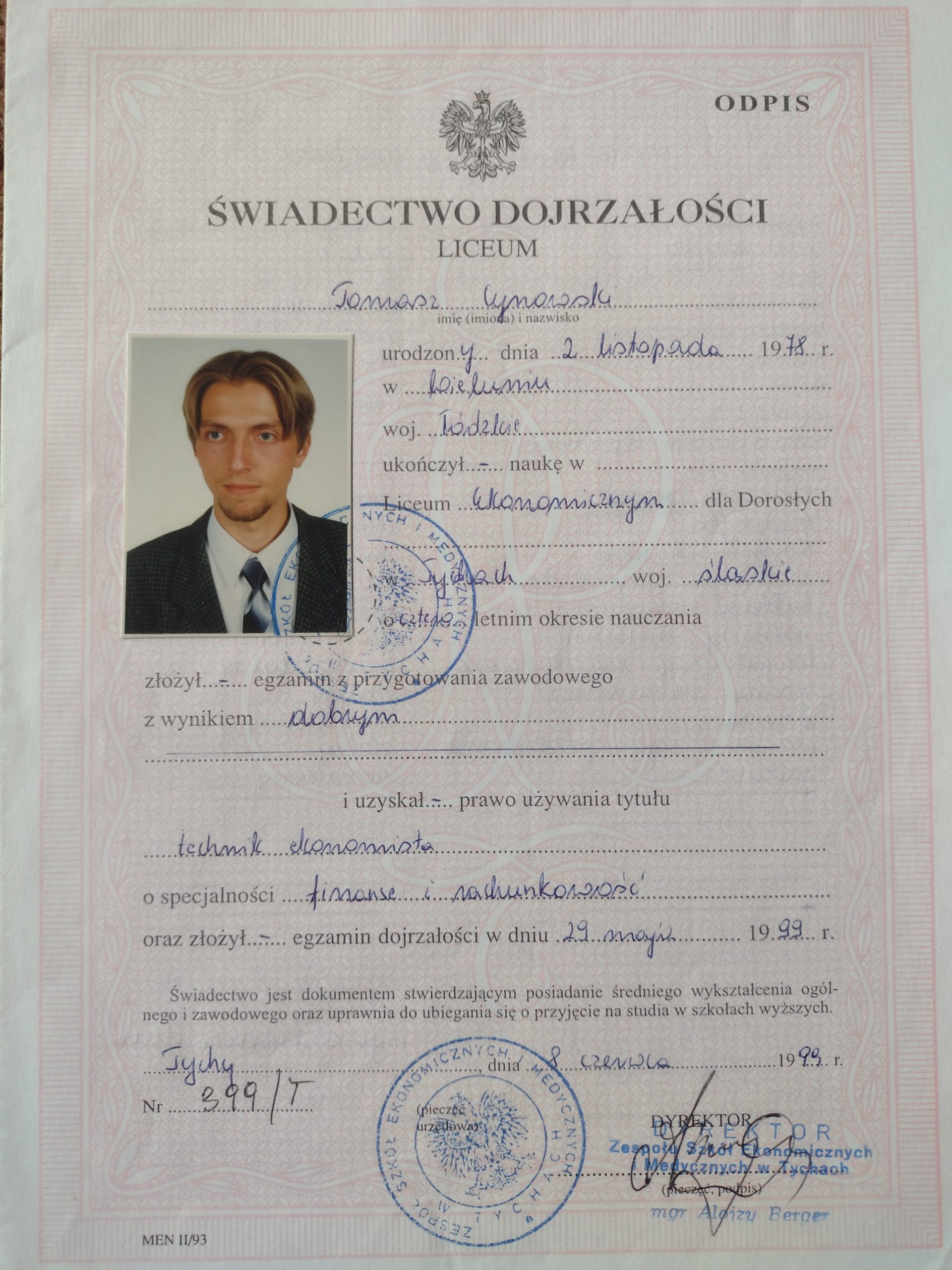 Świadectwo dojrzałości Tomasz Cynowski