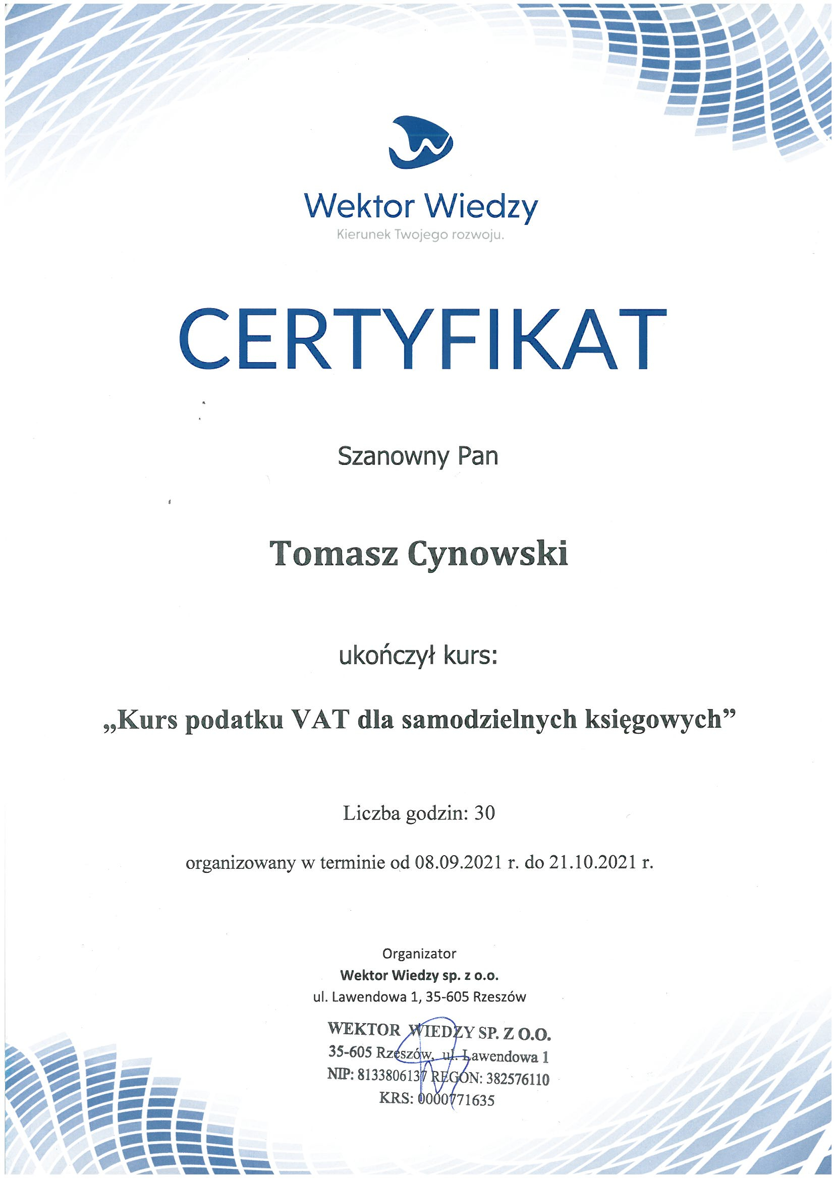 Certyfikat ukończenia kursu podatku VAT
