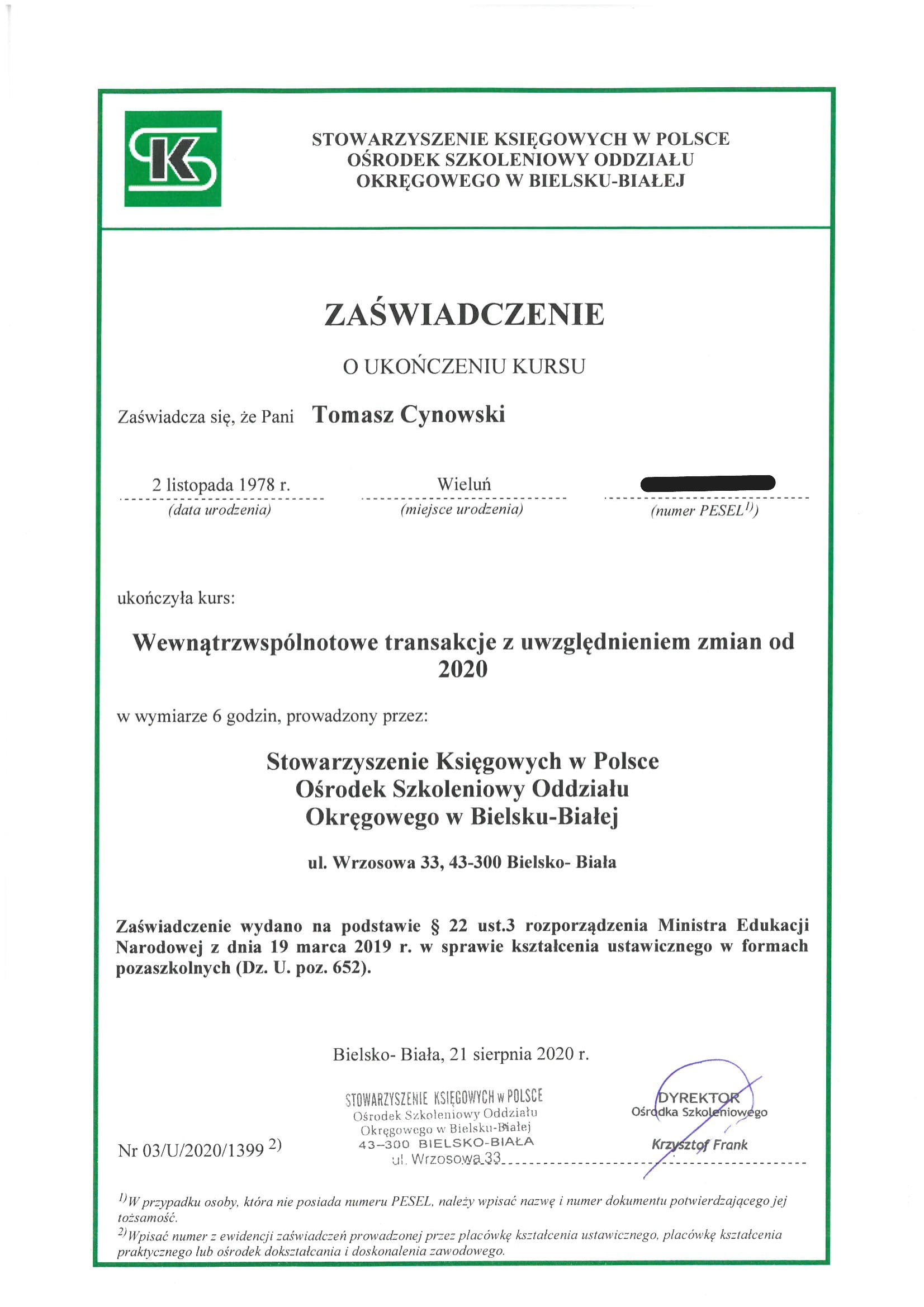 Certyfikat Stowarzyszenia Księgowych w Polsce