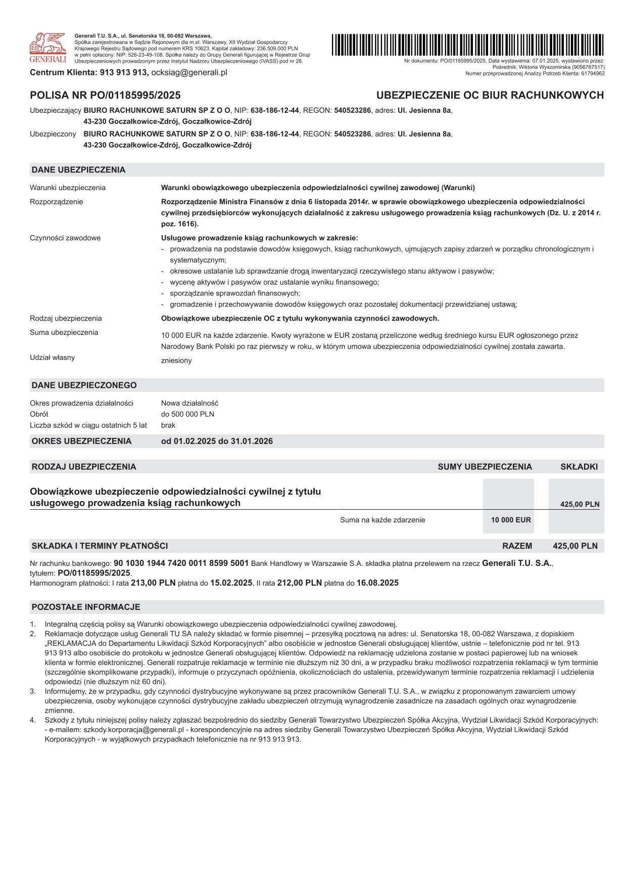 Polisa OC Biura Rachunkowego Saturn strona 1