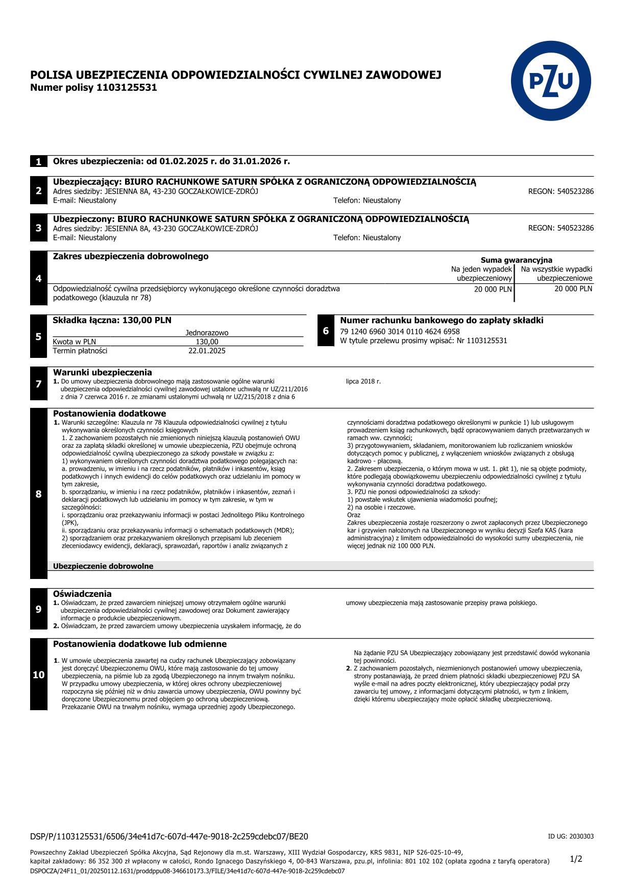 Polisa OC Biura Rachunkowego Saturn strona 2