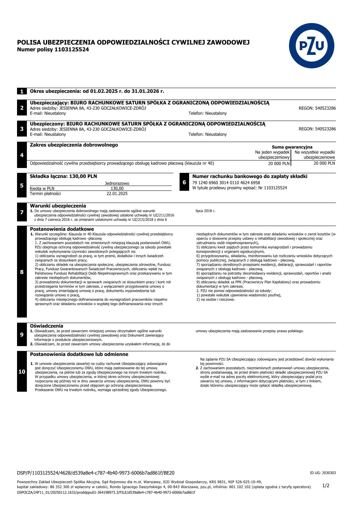 Polisa OC Biura Rachunkowego Saturn strona 3